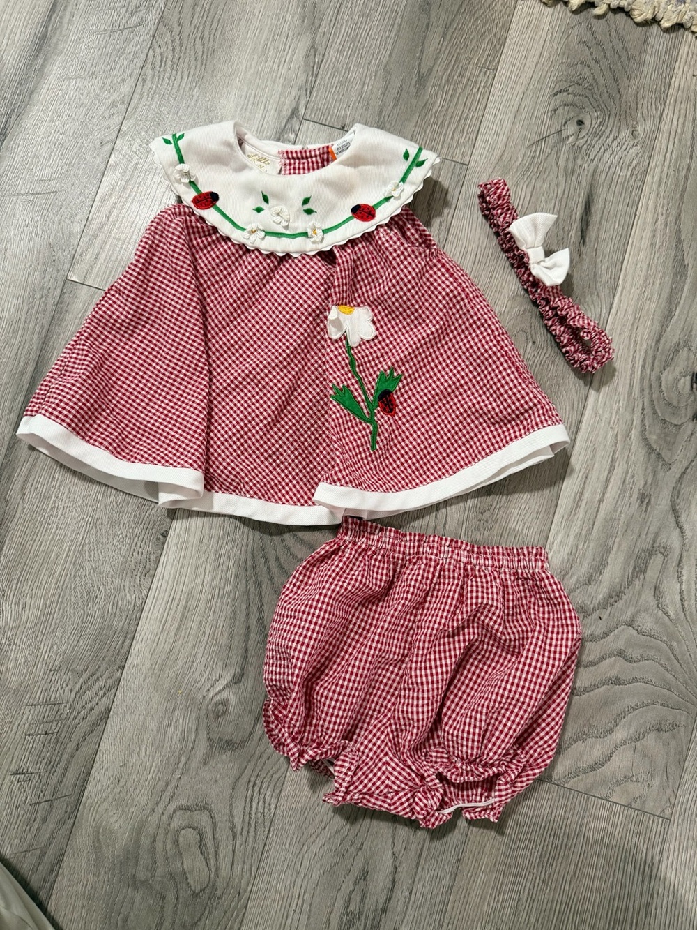 Red Gingham Floral Appliqué Girls' Dress Set - Includes Bloomer & Headband